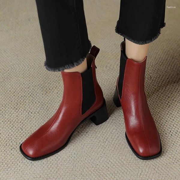 Stiefel Herbst Frauen Split Leder Schuhe Für Karree Chunky Ferse Rot Slip-on Kurze Zapatos Para Mujeres