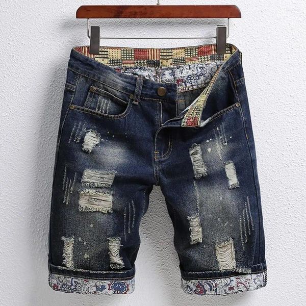Herren Jeans Straight Fit Shorts Retro Denim mit zerrissenen Löchern Patch Design Bein Streetwear für den Sommer