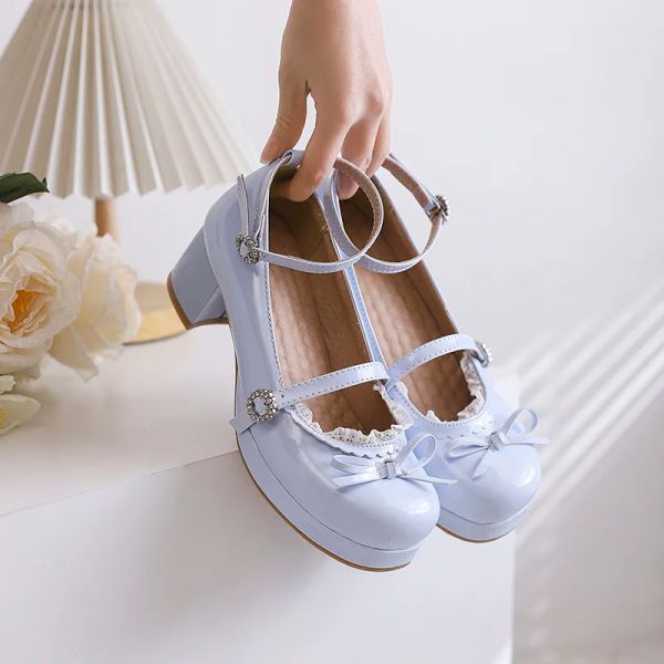 Bombas 2023 Spring Women Pumps Plus Tamanho 2226.5cm Rhinestone Lace Bow tornozelo Lolita Sapatos fofos Mary Jane Sapatos Sapatos