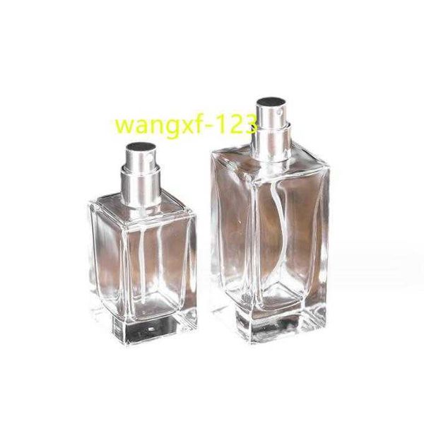 30 ml, 50 ml, 100 ml, quaderförmige Parfümflasche aus klarem Glas mit dickem Boden, Metallzerstäuber mit Schnappverschluss und großer Metallkappe