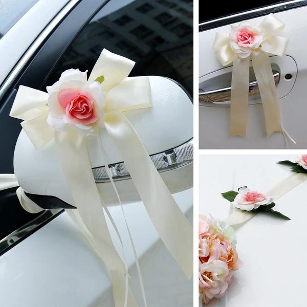 Fiori decorativi Wedding Car Front Flower Decorazione Piatto artificiale Fiocchi di nastro Set per forniture per maniglie della porta Cap