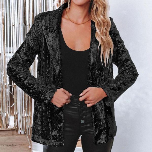 Abiti da donna Moda Blazer con paillettes Giacca da completo Casual Manica lunga Glitter Party Wear Cappotto con risvolto lucido Capispalla Rave