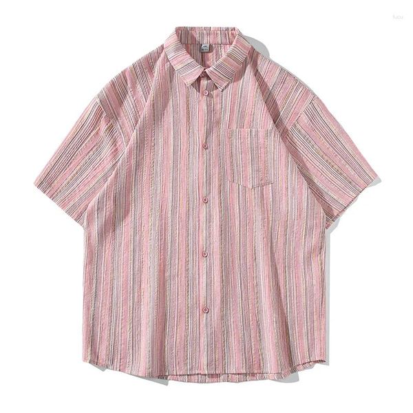 Camisas casuais masculinas verão camisa listrada oversize homens turn-down colarinho moda coreano streetwear botão de manga curta tops roupas masculinas