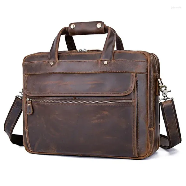 Valigette Valigetta da uomo executive in vera pelle Crazy Horse marrone vintage con portafoglio con cerniera YKK Borsa a tracolla per laptop da 14 '' 15.6 ''