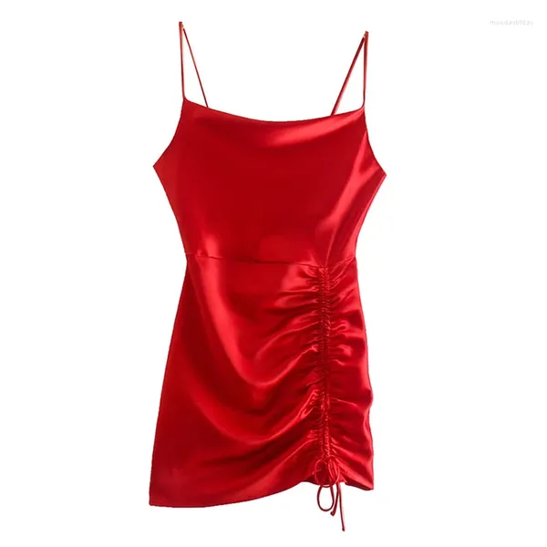 Casual Kleider Frauen Rot Farbe A-linie Mini Kleid Sexy Spaghetti Strap Party Weibliche Ärmellose Backless Plissee Mujer