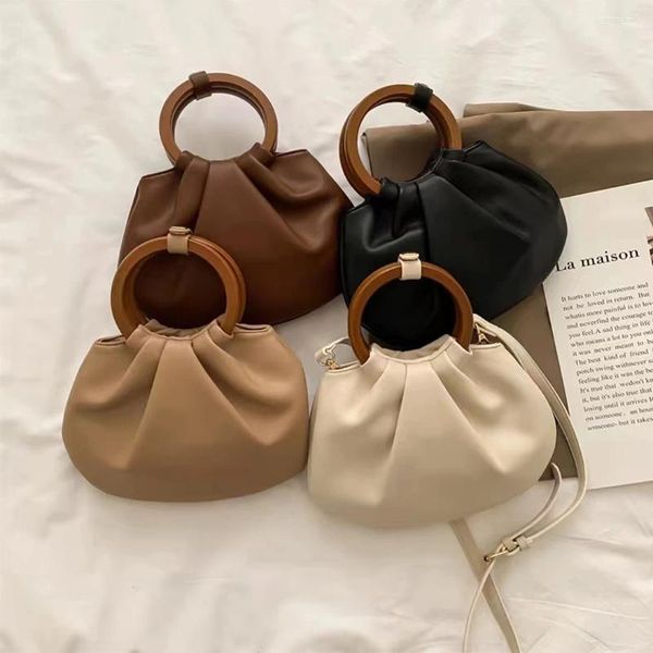 Вечерние сумки с круглой деревянной ручкой, сумка подмышки, модная большая вместительная сумка на плечо для женщин, однотонная сумка для покупок подмышками