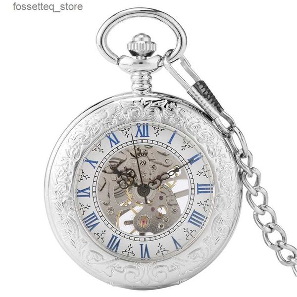 Orologi da tasca Argento meccanico a mano stile antico tascabile Squisito blu con numeri romani display orologio pendente scheletro regalo per anziani L240322