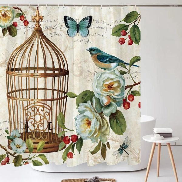 Duschvorhänge, Badezimmer, Retro-Stil, Blumen- und Vogel-Stil, europäischer Kunst-Polyester-Stoff, 180 x 180 cm, mit Haken