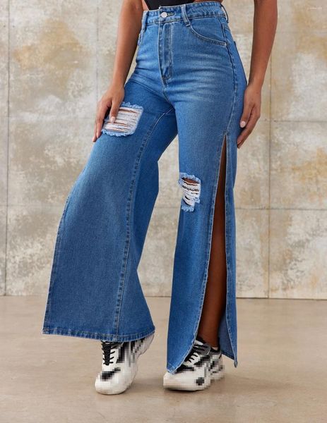 Jeans femininos para mulheres verão azul moda buraco aberto garfo sexy calças jeans