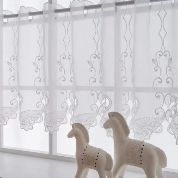 Cortinas estilo coreano branco oco bordado cisne fio pequena cortina casa decorativa cozinha/banheiro irregular borda inferior cortina