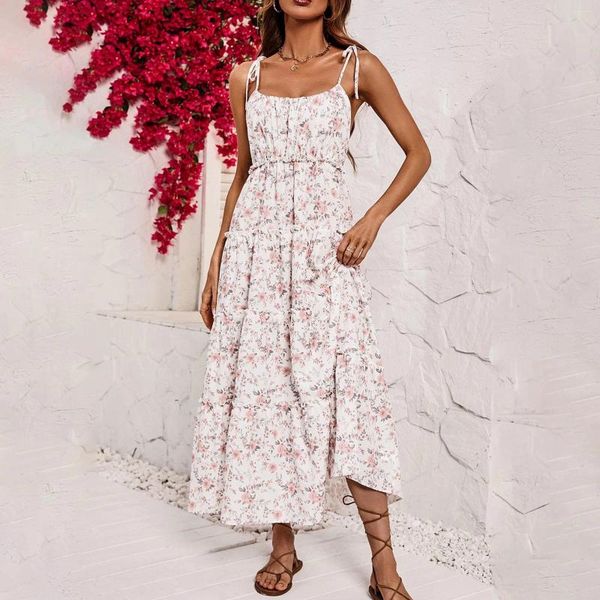 Abiti casual Donna Fiori Sling senza maniche Linea ad A Abito da donna con cinturino in chiffon con spalle scoperte e maniche a tromba