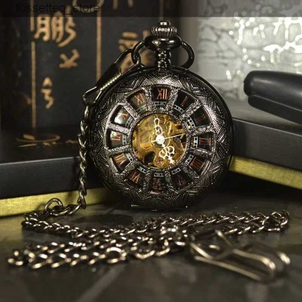 Relógios de bolso Antigo 1 peça / lote Steam Punk Hollow 4.5cm Mão Vento Envolvido Bolso Mecânico Preto Mens Colar Corrente Esqueleto de Casamento L240322