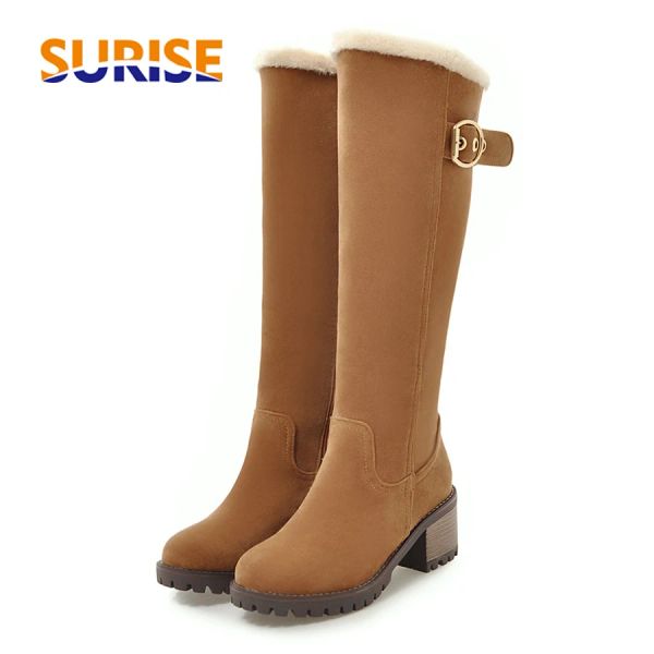 Stiefel Winter Frauen kniehohe Stiefel Schwarzes braun grauer Herde rund Zehenquadrat