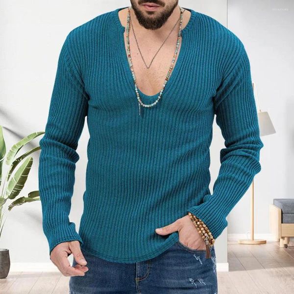 Maglioni da uomo Maglione da uomo in misto cotone Elegante scollo a V profondo lavorato a maglia con dettagli a coste Vestibilità slim Tessuto morbido e caldo Autunno/inverno