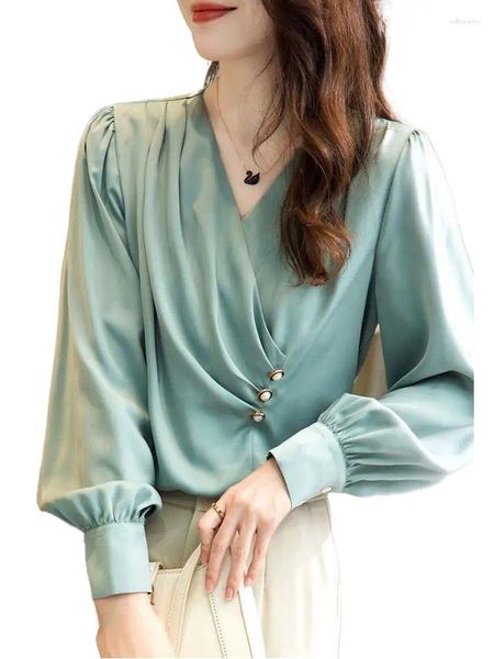 Женские блузки 2024, однотонная атласная тонкая рубашка с v-образным вырезом и левой талией, застежка на 3 пуговицы, чистый универсальный стиль