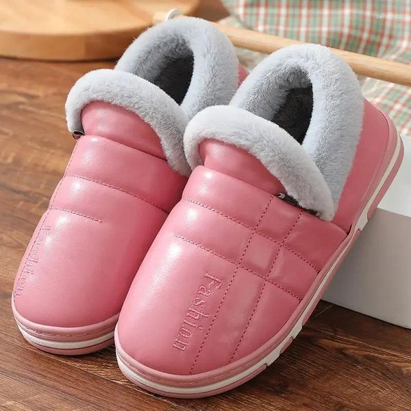 Hausschuhe Männer PU Leder Schuhe Verdickt Thermische 2024 Winter Frauen Hause Paar Plattform Low Top Plüsch Stiefel