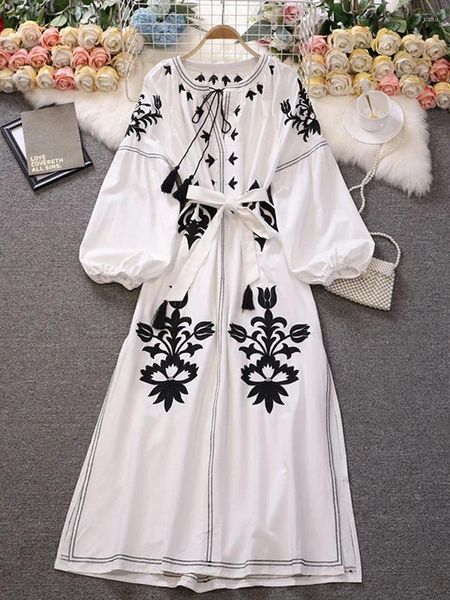 Vestidos casuais 2024 primavera verão estilo doce y2k mulheres agradável vestido bordado retalhos borla lace-up robe feminino