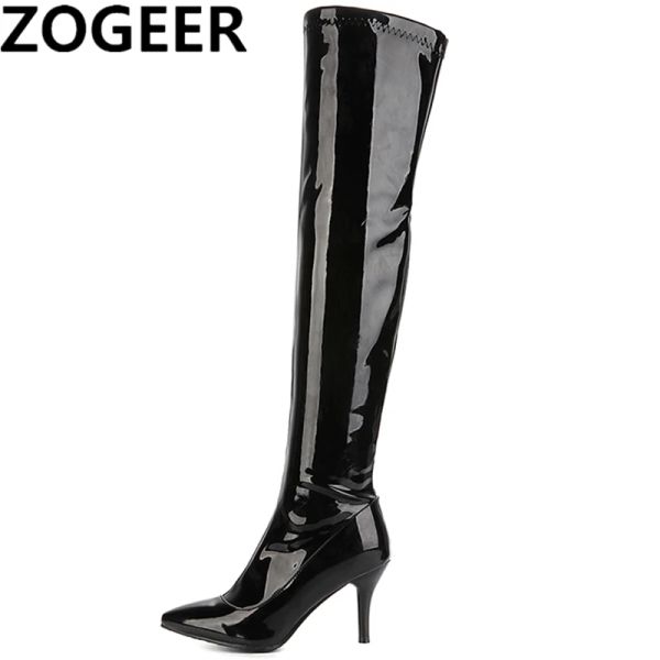 Botas da coxa Boots High Women Women Red White Black Fashion Over the Knee Boots Patente Sexy Nightclub Dance Ladies Sapatos longos Tamanho grande 48