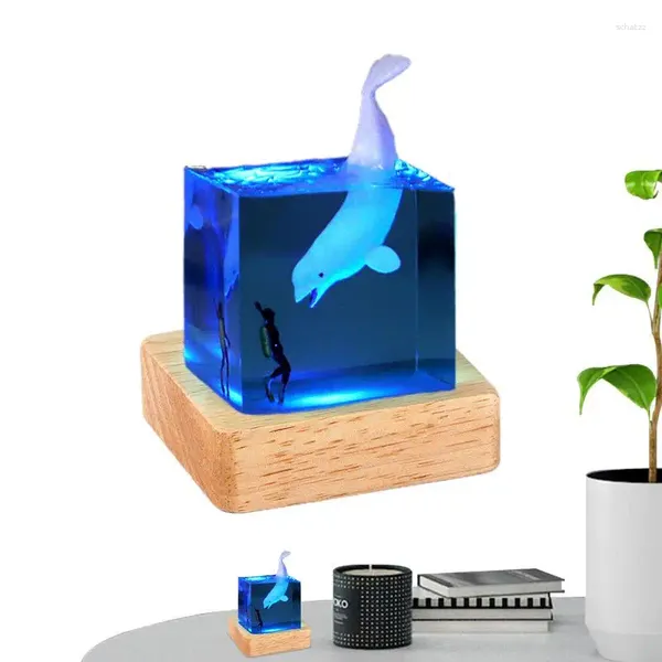 Estatuetas decorativas escultura da vida marinha iluminam a lâmpada do oceano estatueta cúbica de iluminação noturna com base para mesa de computador quarto berçário