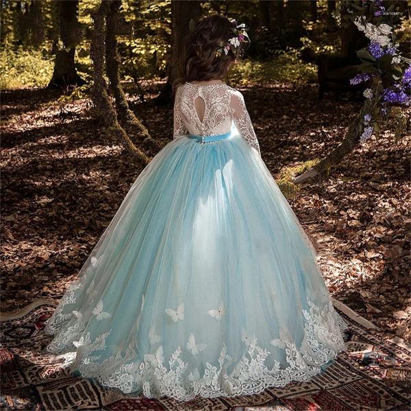 Mädchenkleider Einfache Blume Weiß Blau Spitze Applikation Schmetterling Hochzeit Prinzessin Geburtstagsfeier Volle Ärmel Festzug Ballkleid