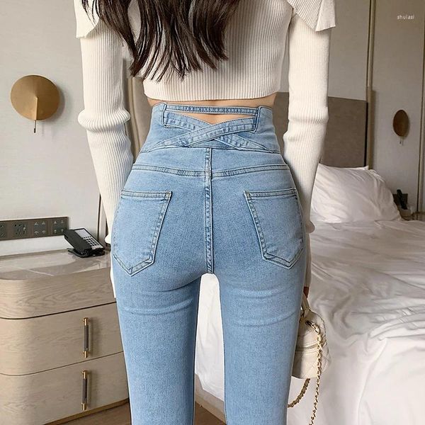 Jeans femininos mulheres sexy skinny 3 botões cintura alta vintage elástico lápis calças y2k moda coreana quatro estações roupas femininas