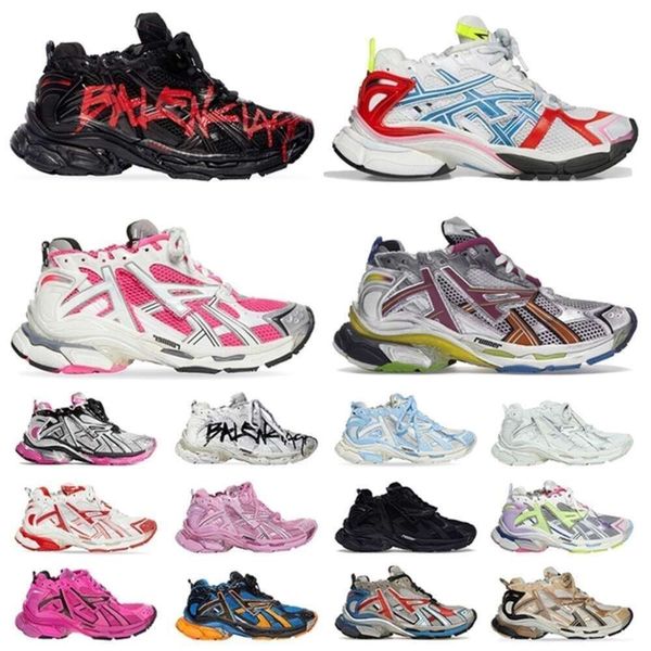 Marca de luxo corredores pista 7 mulheres homens designer sapatos graffiti branco fúcsia rosa tamanho grande sapatos masculinos moda tênis formadores