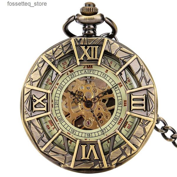 Orologi da tasca Vintage Hollow Meccanico Tascabile di lusso con catena Orologio da uomo Numeri romani Display Mezzo cacciatore Orologio antico regalo L240322