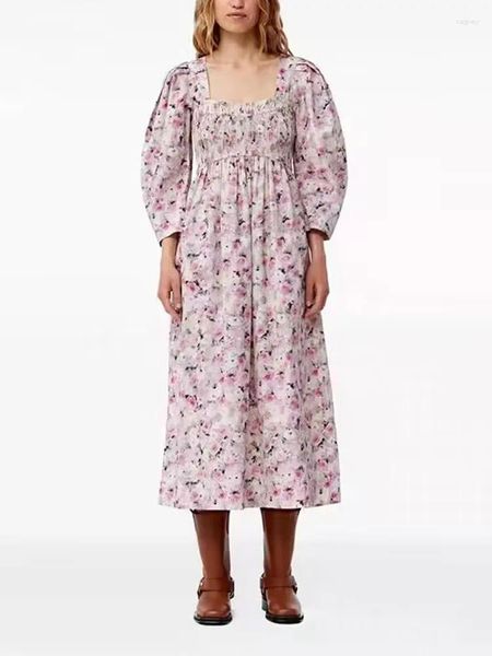 Vestidos de festa primavera 2024 senhoras puff manga mid-comprimento vestido elástico cintura gola quadrada simples algodão feminino rosa impressão robe