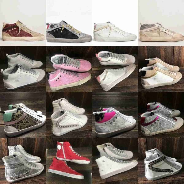 Marca de luxo Mid Star Sneaker High Top Sapatos Botas Casuais Clássico Glitter Designer Mulheres Homens Moda Branco Doold Dirty Leather Designer Shoe Goldenes