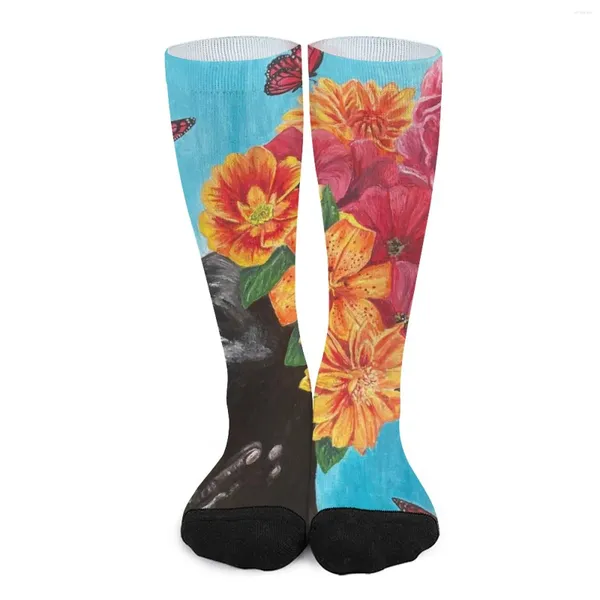 Frauen Socken Fleur Frau Kopf Strümpfe Blumen Kunstdruck Design Gothic Winter Anti-Rutsch Mädchen Laufen Sport Weich