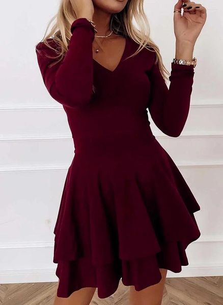 Casual Kleider Elegante V-ausschnitt Rüschen Mini Kleid Frauen Solide Farben Langarm Pendeln Mantel Herbst Büro Dame Kleidung