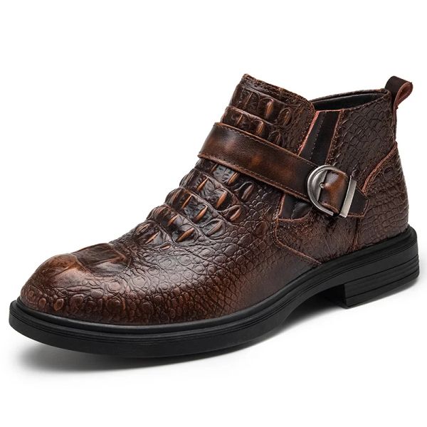 Botas Big Size Men Banquete de festa casual Use botas de couro natural Black Brown Sapatos Crocodilo Padrão Torno