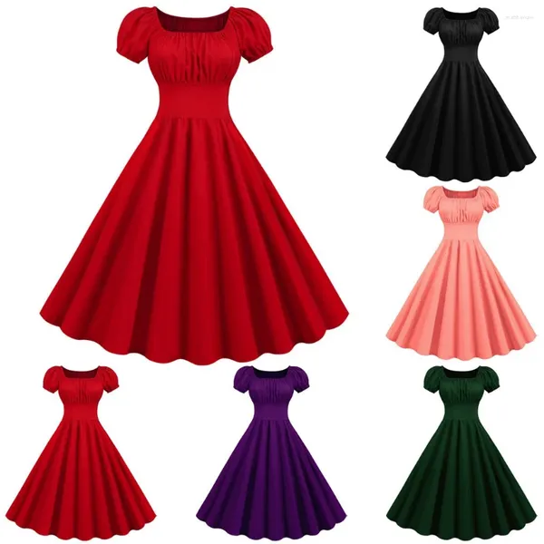 Vestidos casuais 2024 mulheres vintage vestido robe cor elegante festa escritório midi femme verão puff manga colarinho quadrado sólido vermelho