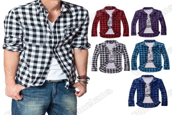 Camicia a quadri scozzese completamente nuova da uomo slim fit casual stile coreano blu rosso nero6263388