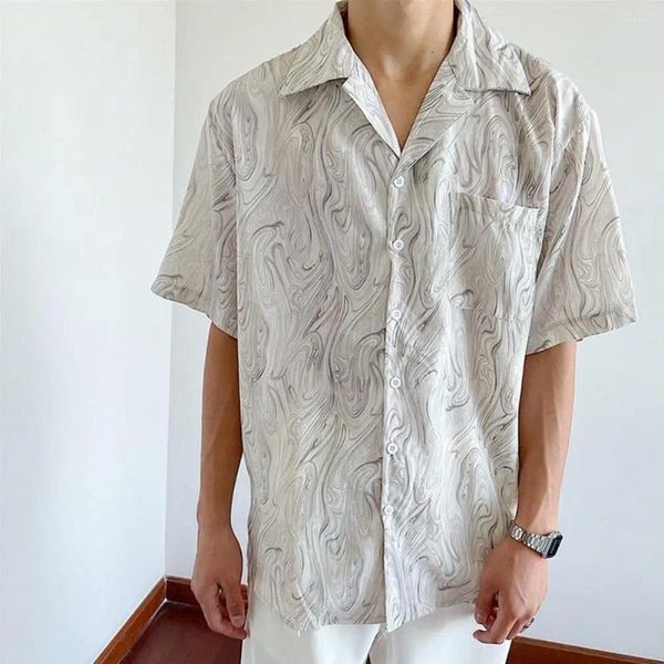 Camisas casuais masculinas moda irregular padrão camisa homens solto manga curta blusa verão não-ferro lapela botão top para festa de trabalho vacat