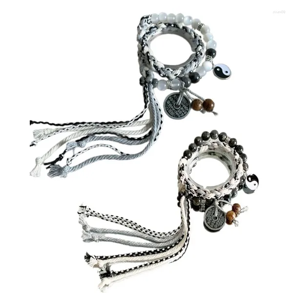 Chaveiros R2LE Dupla Camada Trançada Pulseiras Moeda Charme Pulseira Longas Borlas Cura Cristal Para Mulheres Homem