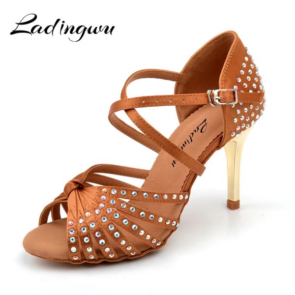 Botas Ladingwu Dance Latin Shoes para mulheres Cetin Brown/Preto Sapatos de dança de salão para meninas Glitter Rhinestone Boutique
