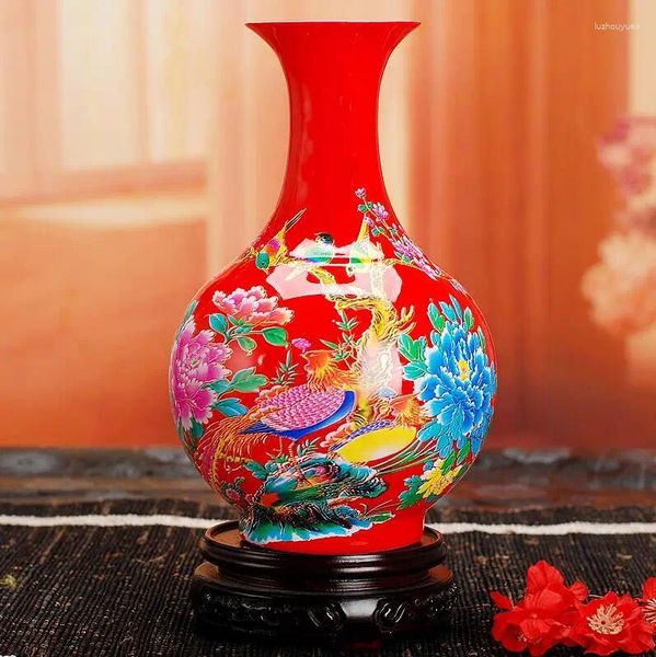 Vasos jingdezhen cerâmica chinês vaso vermelho lótus pintura de ouro presentes de casamento sala de estar casa artesanato ornamentos