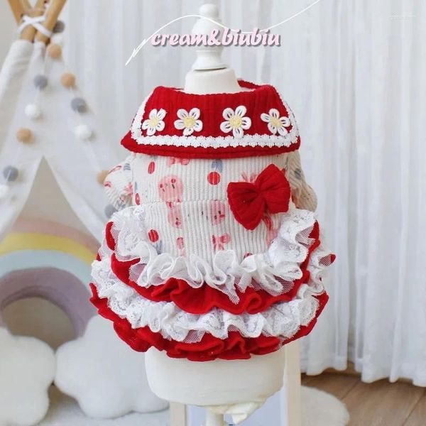 Abbigliamento per cani Abbigliamento per animali domestici Abito in pizzo di pizzo per vestiti per cani Gatto Stampa piccola Lolita Cute Winter Red Girl Accessori Yorkshire