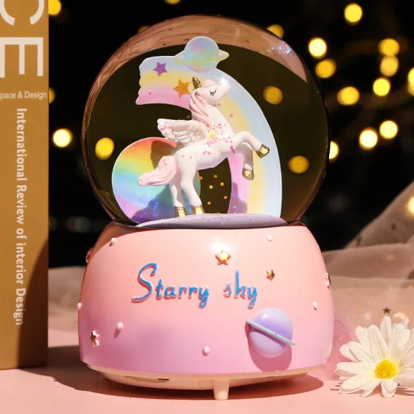 Scatole Fantasy Girl Girl Unicorn Crystal Ball Music Box Ornament Music Box Box Snowflake Water Gift Regalo di compleanno Decorazioni per la casa