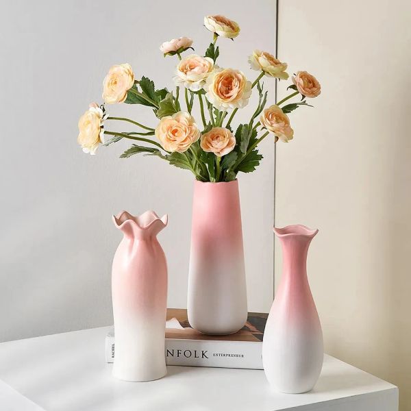 Vazolar Basit Stil Süsleri İskandinav Oda Dekoru Kurutulmuş Düzenleme Çiçek Vazo Ev Seramik Pembe Gradyan Vazo Modern Çiçekler Şişe