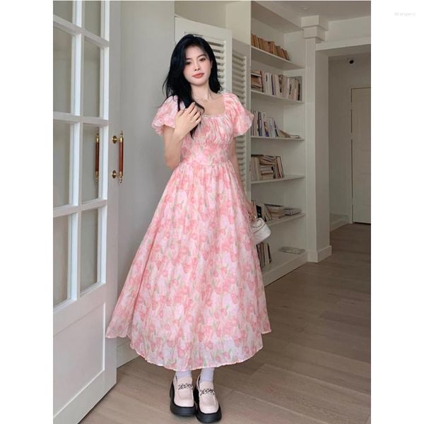 Partykleider Koreanische Mode Rosa Chiffon Kleid für Frauen Blumendruck Puffärmel Slim A-Linie Casual Sommer Outfits Weiblich Vielseitig