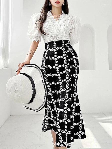 Vestidos de trabalho tpjb verão 2 peças conjunto sexy com decote em v rendas topos moda impressa sereia saia casual escritório feminino ternos saias