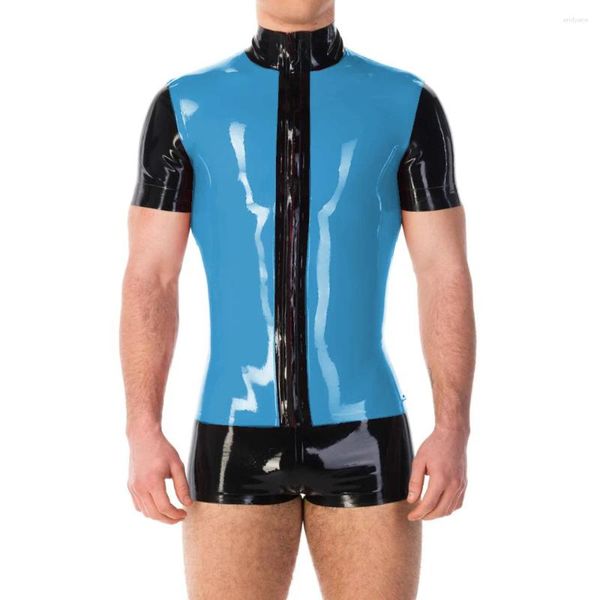 Magliette da uomo Top patchwork da uomo Wetlook Pelle PVC Manica corta Sexy Camicetta da uomo Camicetta con cerniera Camicia da discoteca Party Club Giacche