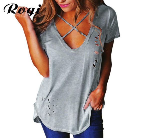 Toptan- Rogi Seksi Delikler Yaz T-Shirt Kadınlar 2017 Ön V Boyun Yırtık Tişörtler Bandaj Gevşek Temel Tee Teps Camisetas Mujer Ropa3992962