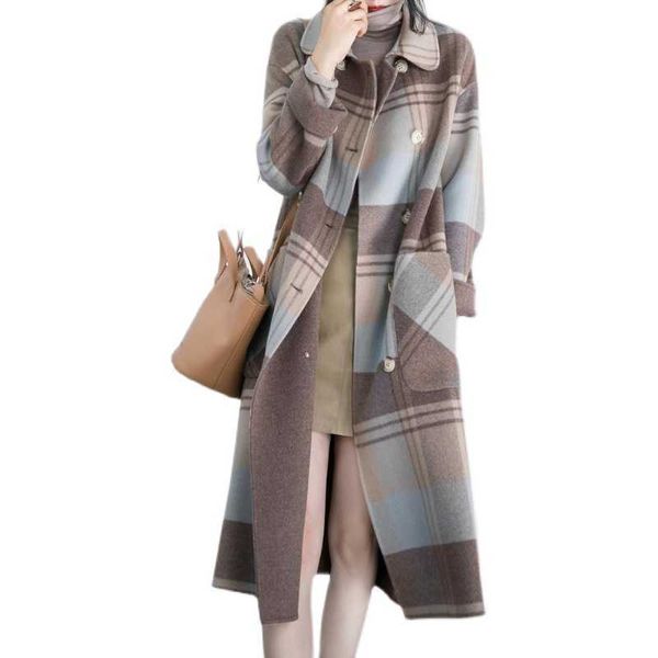 Inverno feminino moda xadrez tweed jaqueta comprimento médio trespassado longo casacos de lã para senhoras