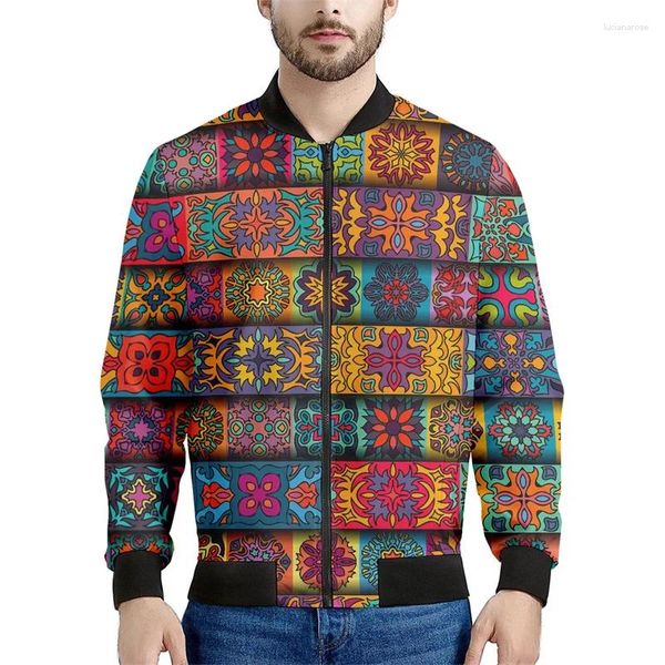 Jaquetas masculinas Retro Bohemian 3D Impresso Jaqueta Homens Coloridos Étnicos Floral Moletons Mangas Compridas Primavera Outono Bomber Zipper Casacos Tops