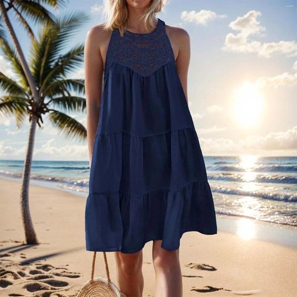 Vestidos casuais feminino cor sólida corte sem costas vestido sem mangas uma linha em camadas swing sundress praia comprimento médio para mulheres