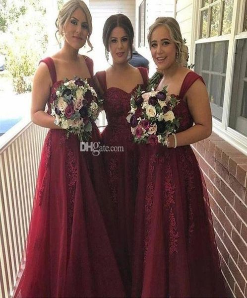 Novo barato vestidos de dama de honra borgonha tule mangas rendas apliques longo verão praia para casamento vestido de convidado dama de honra gow5093596