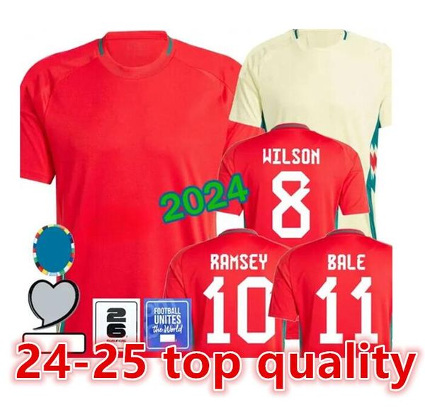 País de Gales 2024 Camisa de futebol WILSON RAMSEY BALE Euro Cup Novo 2025 Seleção Nacional 24 25 Camisa de futebol Masculino Kit Infantil Conjunto completo Home Vermelho Fora Amarelo Uniforme masculino BROOKS JOHNSON66